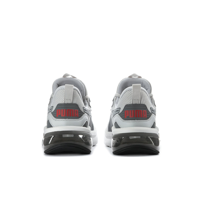 Men's grey Puma sneakers from the back, rear heel branding and dark tread sole