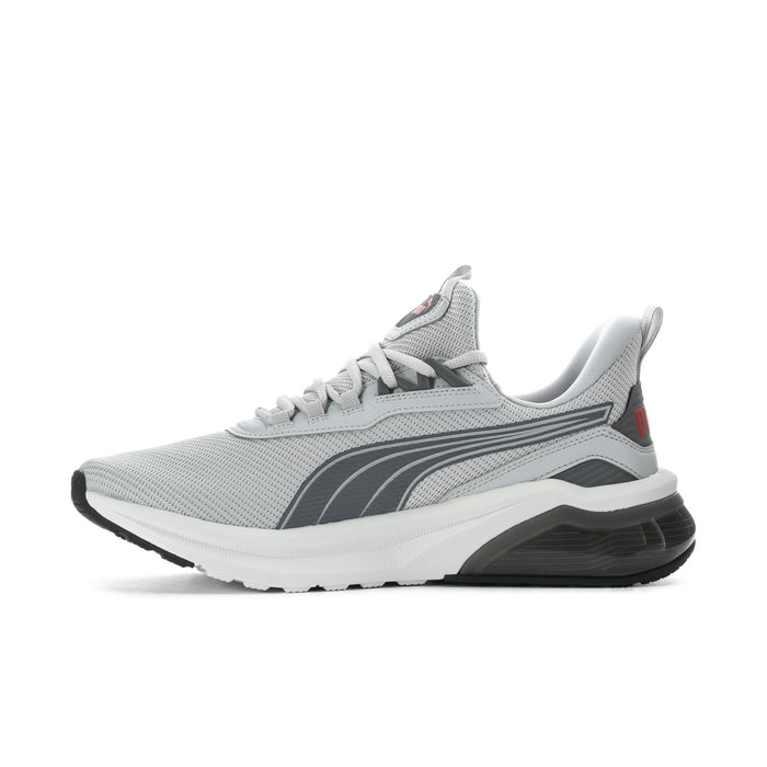 Men's grey Puma running shoe with lace-up mesh upper, side stripe, black outsole