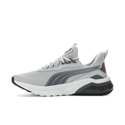 Men's grey Puma running shoe with lace-up mesh upper, side stripe, black outsole