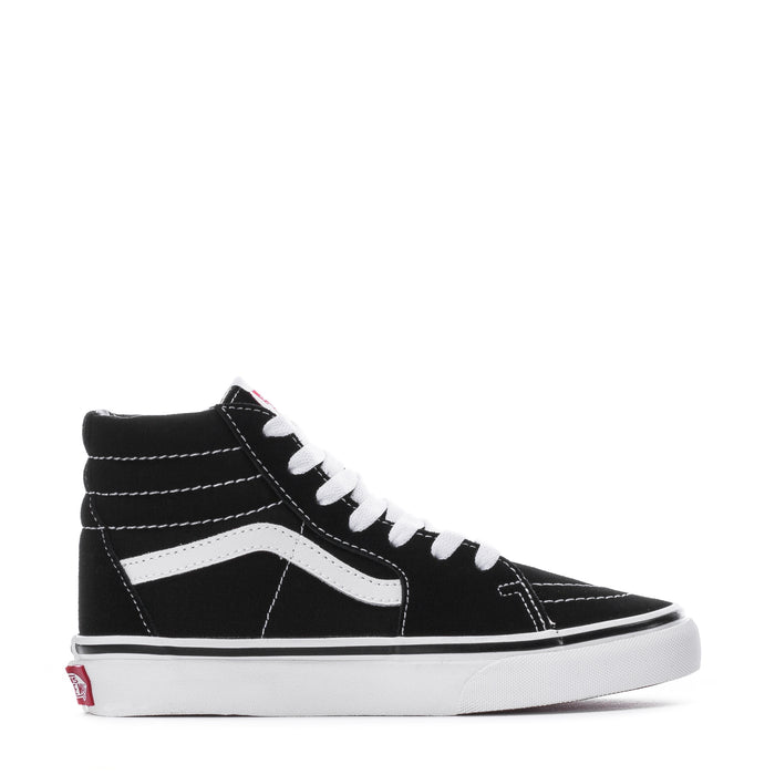 Kids' black high-top skate sneakers with white stripe and white laces