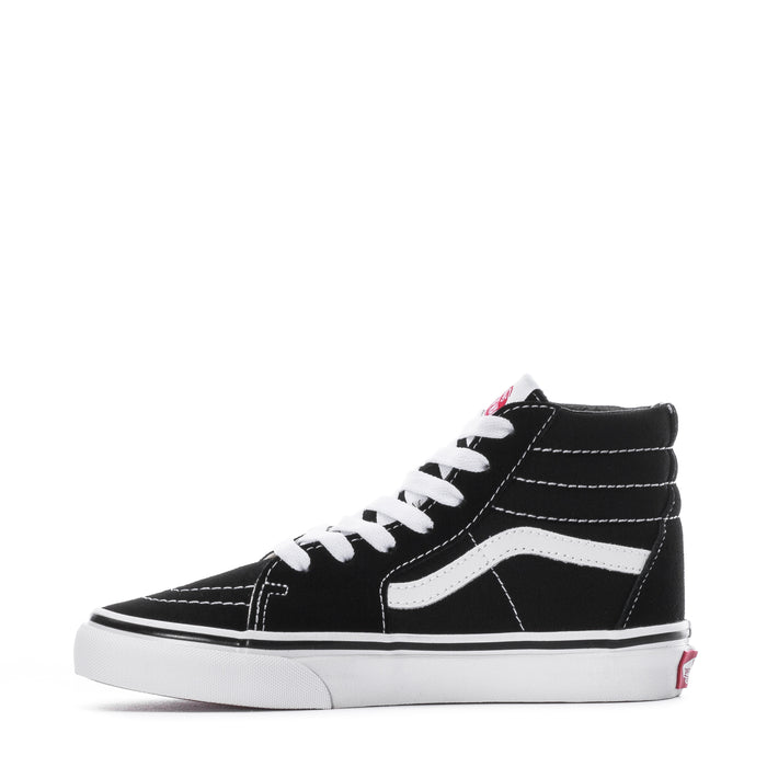 Kids' black high-top sneakers with white side stripe and white lace-up