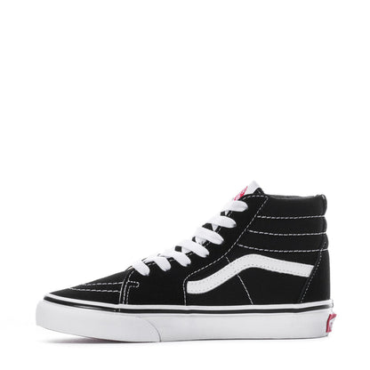 Kids' black high-top sneakers with white side stripe and white lace-up