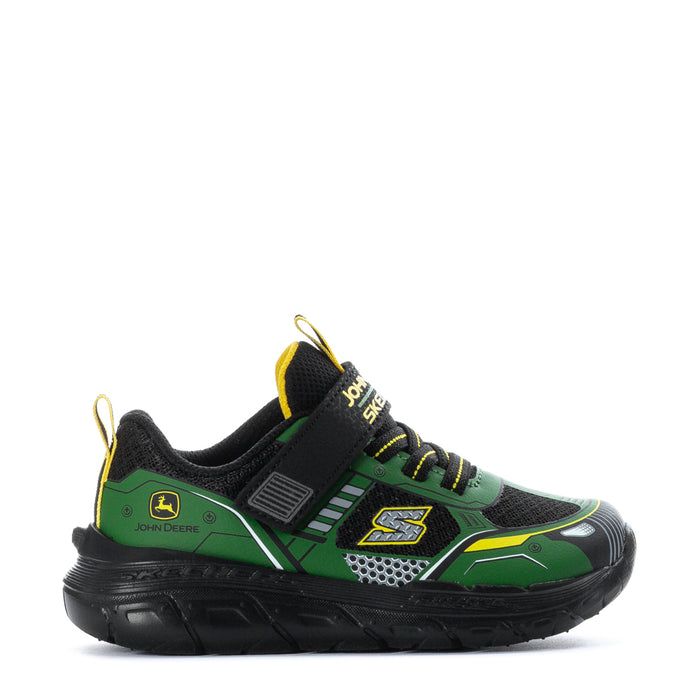 Toddler green black lace-up sneaker with yellow laces and cushioned sole.