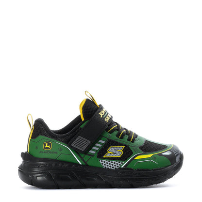 Toddler green black lace-up sneaker with yellow laces and cushioned sole.