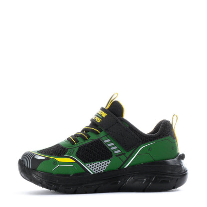 Toddler green and black sneaker with John Deere logo, lace-up.