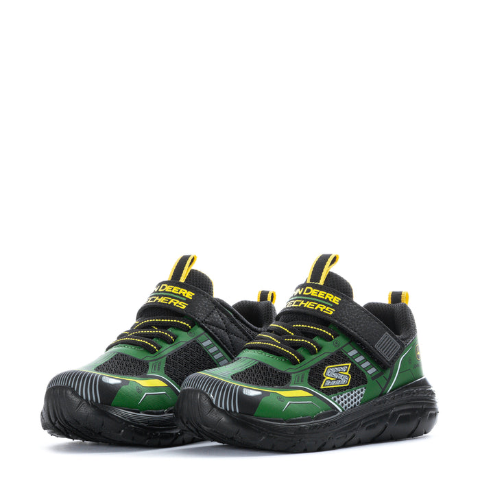 Toddler green and black track shoes, side view, lace-up with S logo.