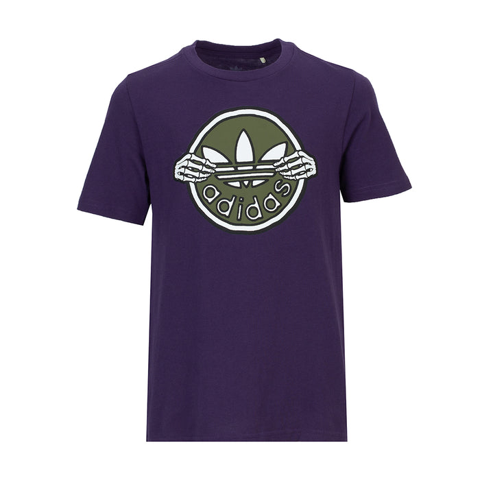 Youth purple T-shirt with large adidas logo skeleton-key graphic on the chest