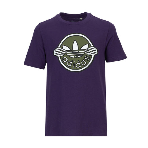 Youth purple T-shirt with large adidas logo skeleton-key graphic on the chest