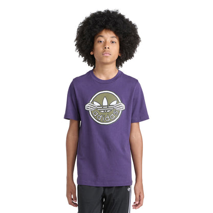 Youth purple adidas logo skeleton-key T-shirt worn by model, short sleeves