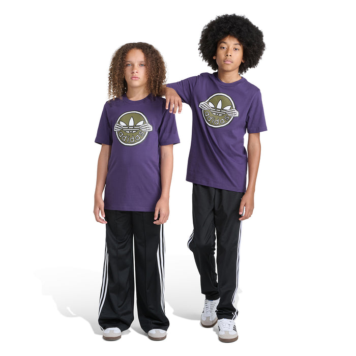 Youth purple T-shirt with adidas logo skeleton-key graphic, two models standing