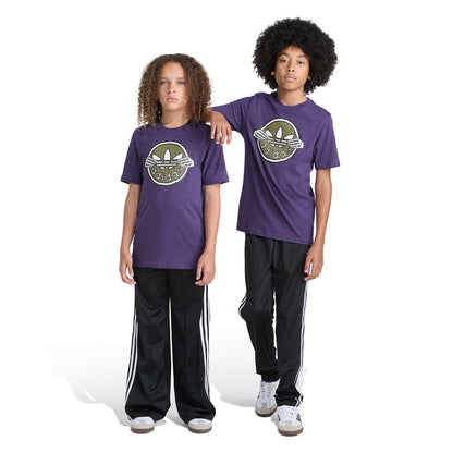 Youth purple T-shirt with adidas logo skeleton-key graphic, two models standing