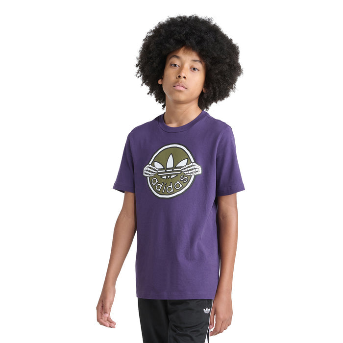 Youth purple T-shirt with large adidas logo skeleton-key graphic, front view