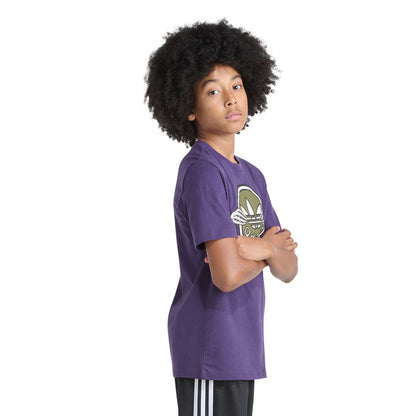Youth purple T-shirt with adidas logo skeleton-key graphic, side profile of model