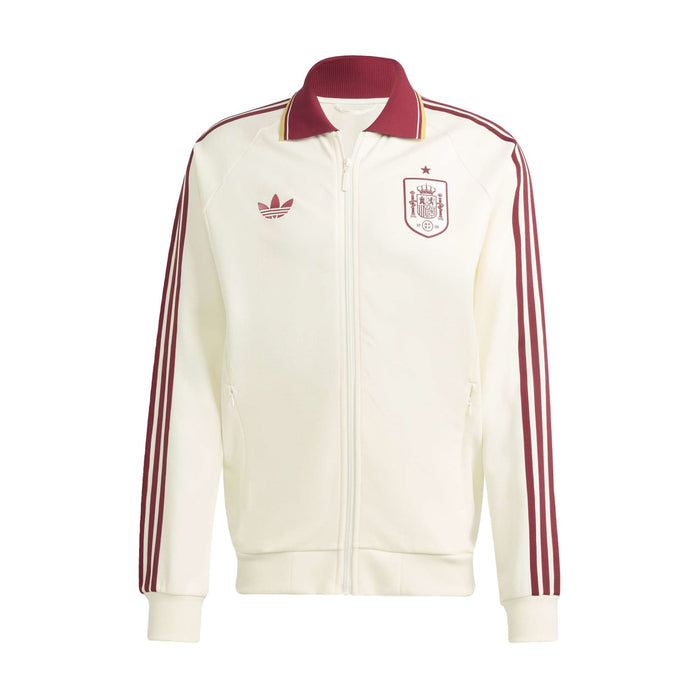 Men's off-white zip-up jacket with burgundy collar, crest logo, 3-stripe sleeves