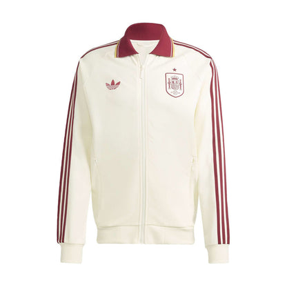 Men's off-white zip-up jacket with burgundy collar, crest logo, 3-stripe sleeves