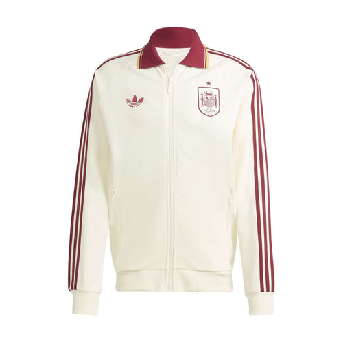 Men's off-white zip-up jacket with burgundy collar, crest logo, 3-stripe sleeves