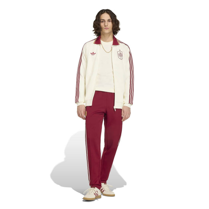 Men's off-white zip-up jacket with burgundy collar and sleeve stripes