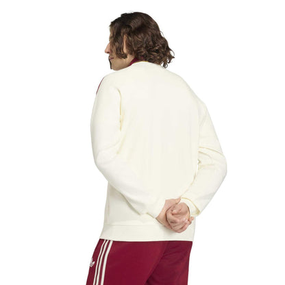 Men's off-white zip-up jacket back view with burgundy collar trim and sleeve stripes