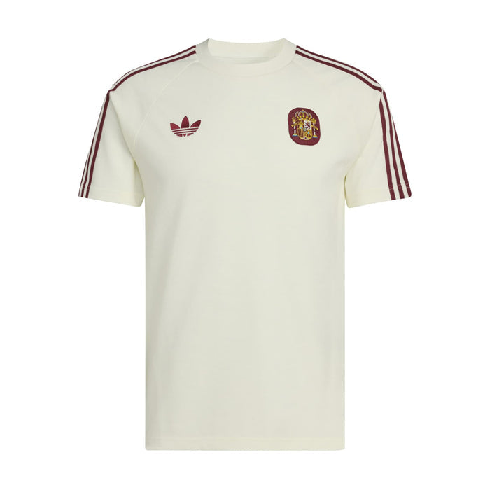 Men's off-white T-shirt with adidas trefoil and Spain crest, maroon sleeve stripes.