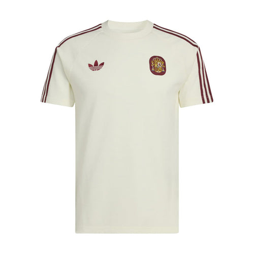 Men's off-white T-shirt with adidas trefoil and Spain crest, maroon sleeve stripes.