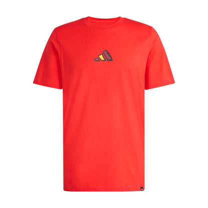 Men's red crew-neck graphic tee with short sleeves and chest emblem