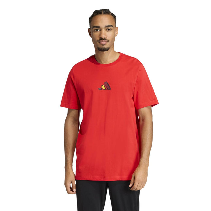 Men's red short-sleeve tee with small chest graphic, crew neck