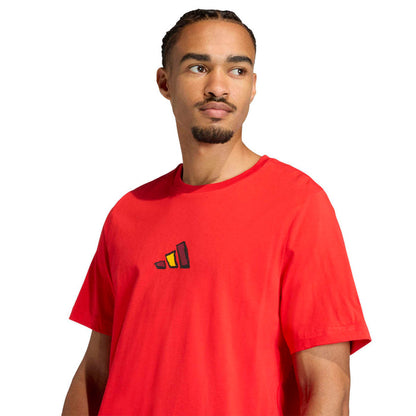 Men's red crew-neck tee with small chest emblem graphic