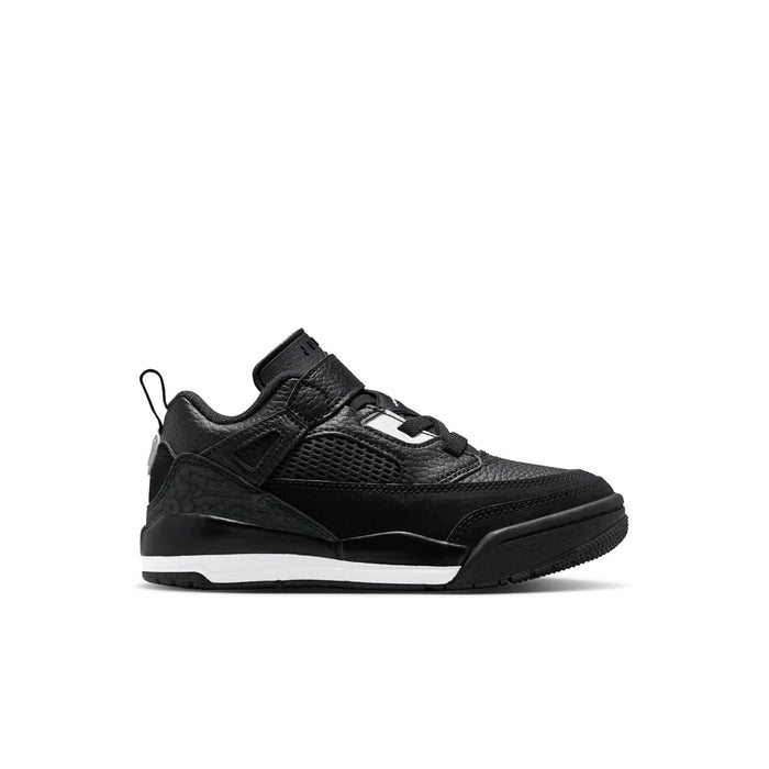 Kids black low-top sneakers with white logo accents, hook-and-loop strap, lace-up