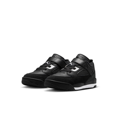 Kids black low-top sneakers, white side logo, padded collar, rubber cupsole