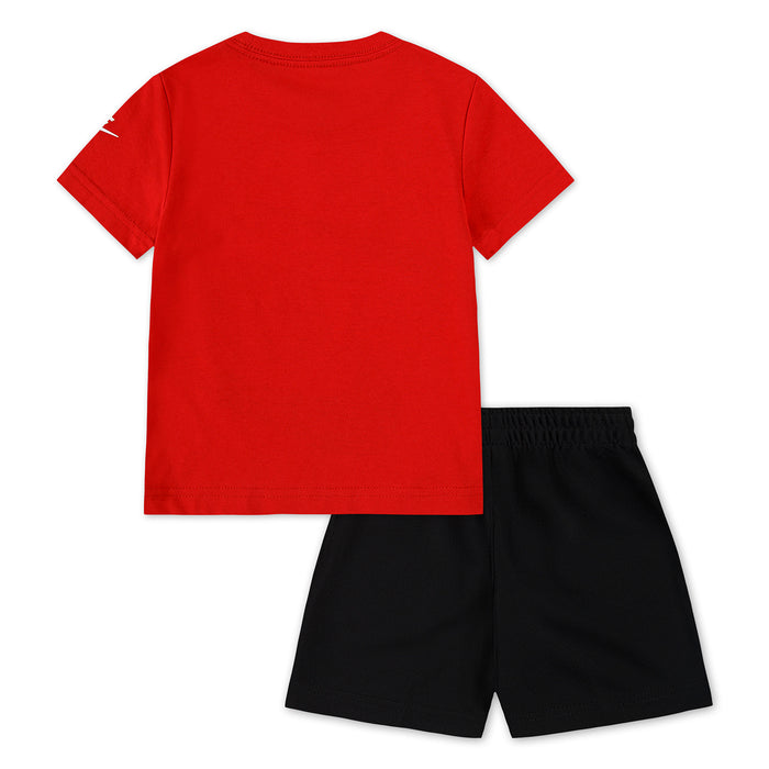 Toddler two-piece short set: plain red T-shirt with black Nike shorts