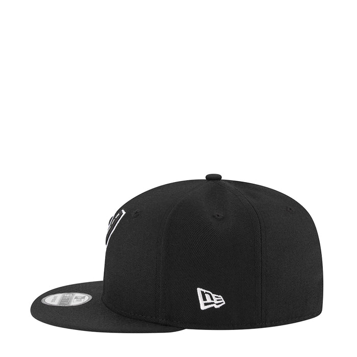 Black snapback cap with New Era logo patch at side