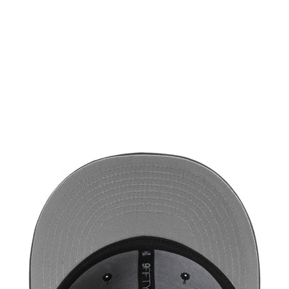Gray underside of snapback cap with black trim and eyelets