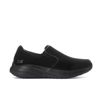 Men's black slip-on sneakers with textured upper and cushioned rubber sole