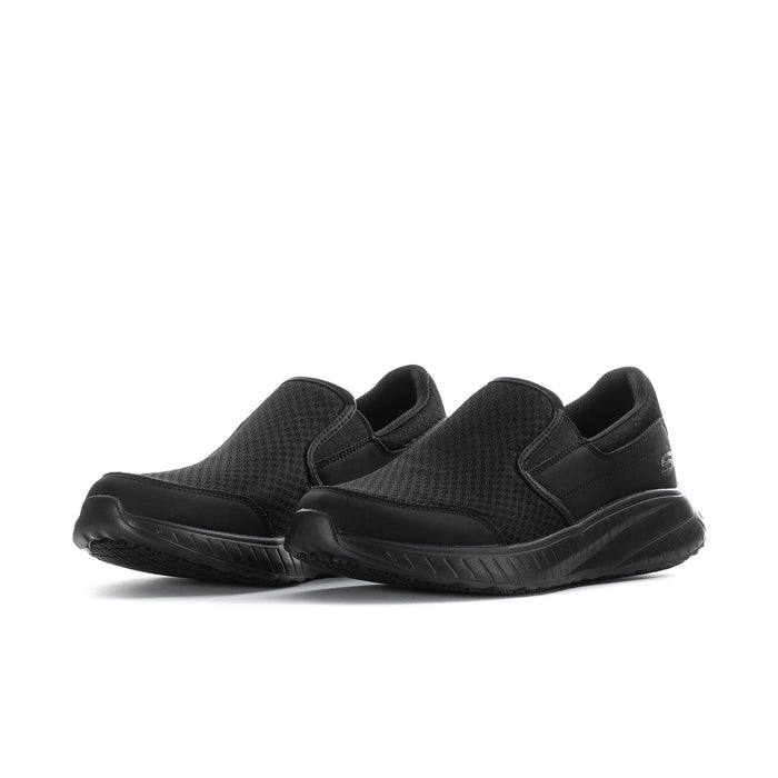 Men's black slip-on sneakers, side view of two shoes with cushioned outsole