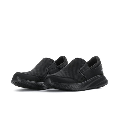 Men's black slip-on sneakers, side view of two shoes with cushioned outsole