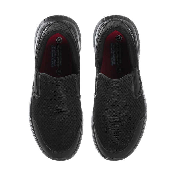 Men's black slip-on sneakers, front view with red logo on insole