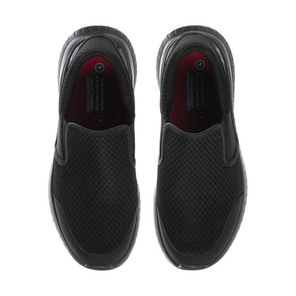 Men's black slip-on sneakers, front view with red logo on insole