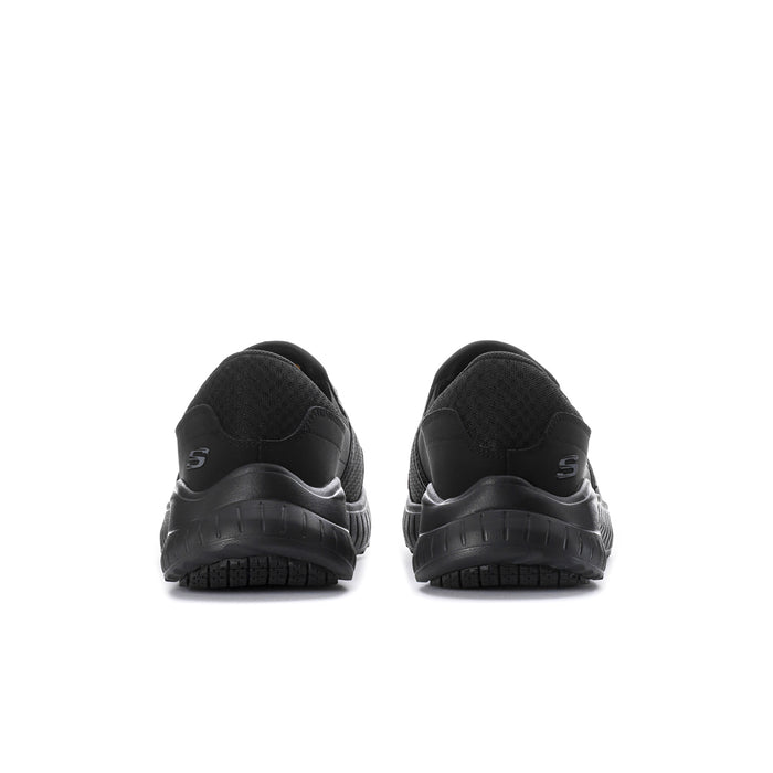 Men's black slip-on sneakers, rear view with heel pull tab and logo