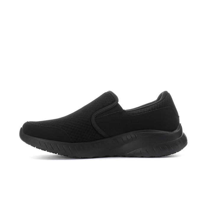 Men's black slip-on sneakers, angled side view with textured upper and sole