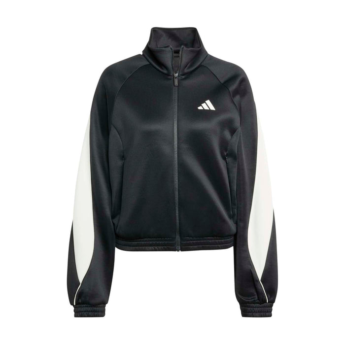 Black womens stadium tracktop with high collar, full zip, and adidas chest logo.