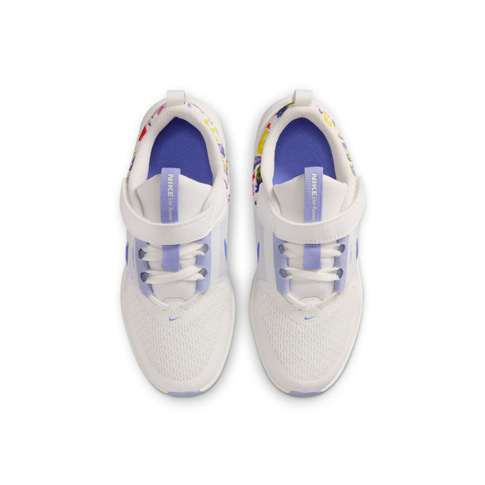 Kids white and blue sneakers with cushioned collar and blue interior heel tab