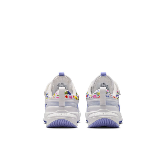 Kids white running shoes with back view, blue sole and heel pull tab