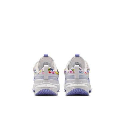 Kids white running shoes with back view, blue sole and heel pull tab
