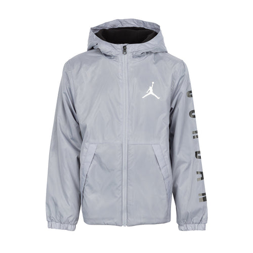 Youth light smoke gray hooded zip jacket with Jordan logo on chest