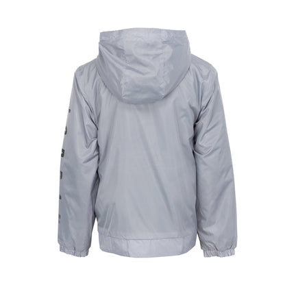 Youth light smoke gray hooded zip jacket, back view, sleeve graphic stripes