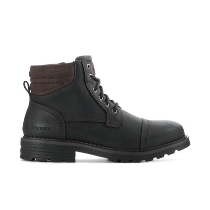 Men's lace-up work boots in dark black with padded collar and thick lug sole