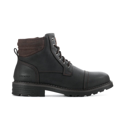 Men's lace-up work boots in dark black with padded collar and thick lug sole