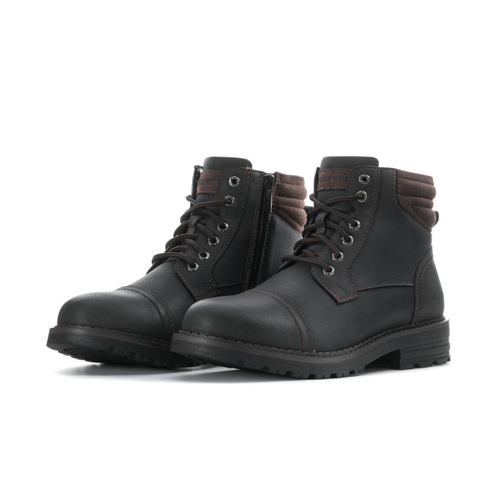 Men's black lace-up boots with side pull tab and cushioned padded shaft