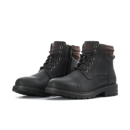 Men's black lace-up boots with side pull tab and cushioned padded shaft