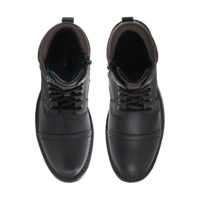 Pair of men's black lace-up boots, front view with eyelets and padded interior
